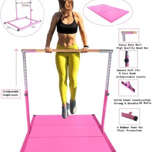 Athletic Bar Expandable Gymnastics Kip Bar Set with Balance Beam, 6'x4' Mat for Kids, Horizontal Bar Junior Gymnastic Training Exercise Gymnast Home Gym Adjustable 3 to 5 FT Fiberglass Rail (Pink)