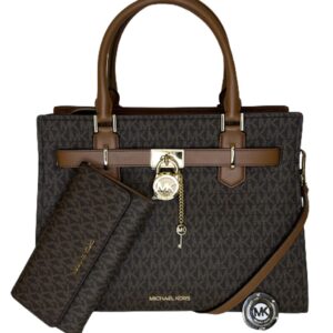 MICHAEL Michael Kors Hamilton MD Satchel bundled with Trifold Wallet and Purse Hook (Signature MK Brown)