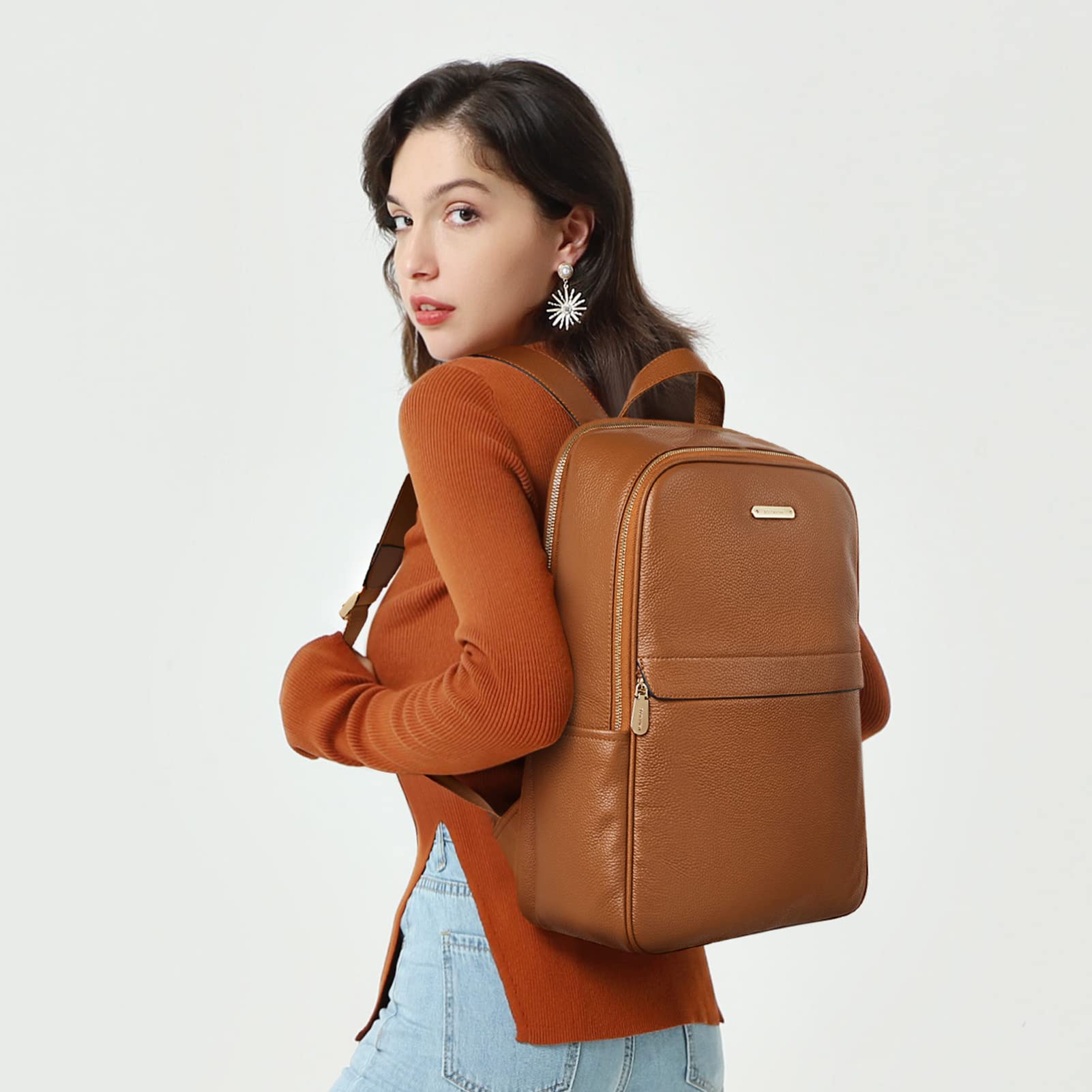 BOSTANTEN Genuine Leather 15.6 inch Laptop Backpack Purse for Women College Casual Backpack Travel Bag Daypack Brown