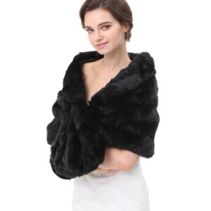 XMLMRY Faux Fur Shawl Women's Wrap Stole Shrug Luxury Winter Wedding Evening Party Bridal Bridesmaid Cover Up (Black, Lengthen)