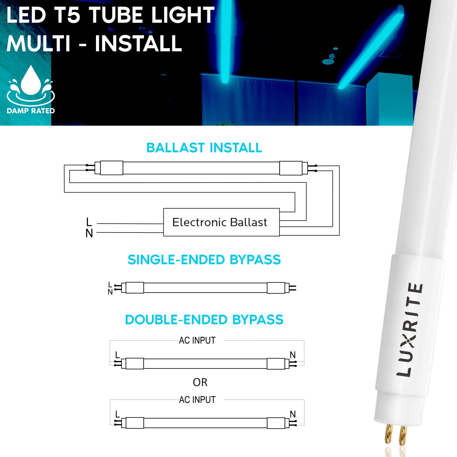 LUXRITE 12-Pack 4FT T5 LED Tube Lights, Type A+B, 24W=54W, 5000K Bright White, 45.78", Ballast and Ballast Bypass Compatible, Single or Double End Powered, F54T5 Fluorescent Replacement, Damp Rated