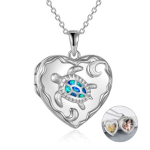 winnicaca sea turtle necklace for women, sterling silver heart locket necklace with created opal, 18+2 inch rolo chain, picture locket necklace for girls, christmas gifts for mom