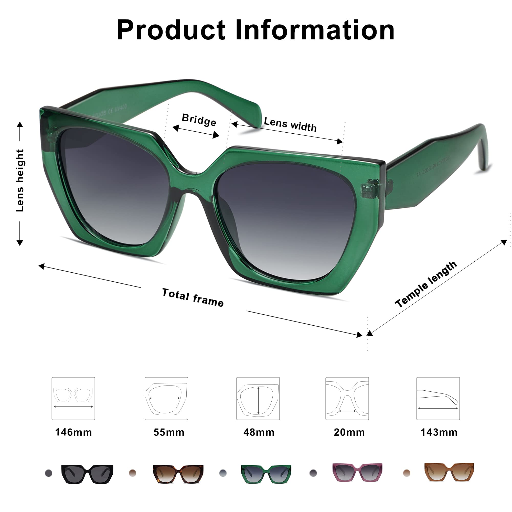 SOJOS Big Trendy Polarized Sunglasses Womens Oversized Cateye Sunnies Lentes De Sol Para Mujer SJ2205, Clear Green/Grey