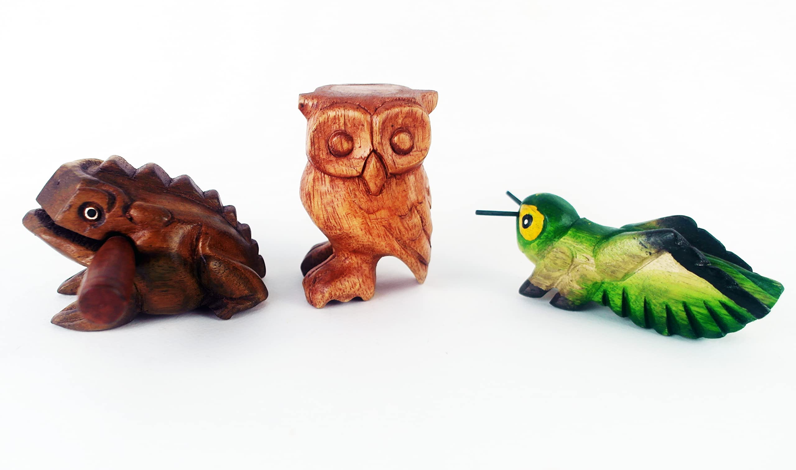 Guiro and Percussion Instruments animal Group Wooden 3 Pieces includes 3 Inch Wooden Frog, 4 Inch Wooden Cricket and 3.5 Inches Wooden Owls.