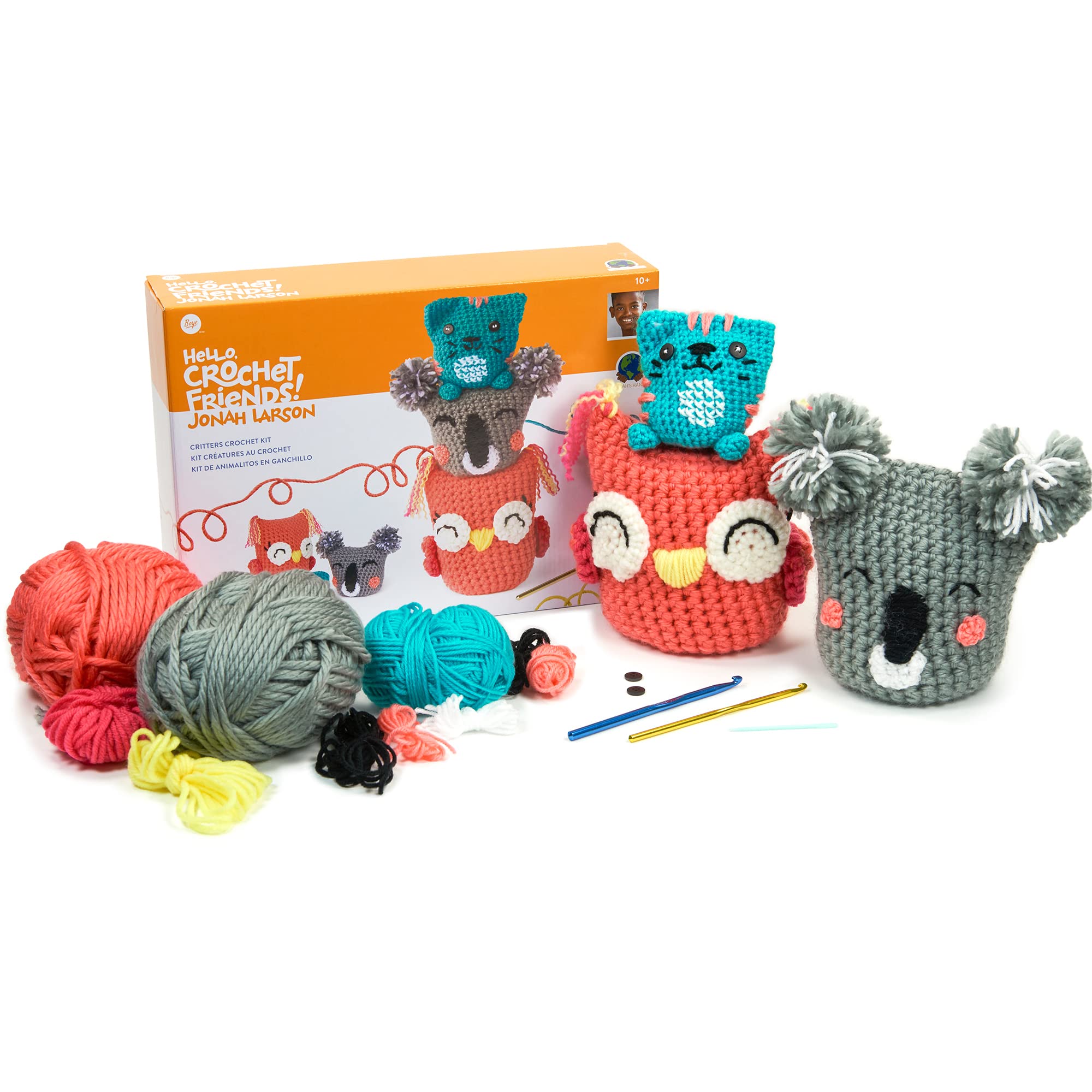 Boye Jonah's Hands Cute Critters Beginners Crochet Kit for Kids and Adults, Makes 3 Animals, Multicolor 10 Piece, Small