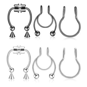 6 Pieces Nose Rings Fake Nose Ring Magnetic Septum Fake Nose Ring Fake Nose Ring Hoop Stainless Steel Inlaid Jewelry Horseshoe Faux Clip Nose Ring on Non-Pierced Nose Ring for Women Men