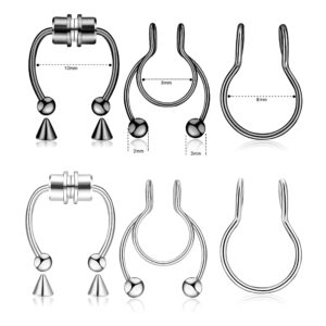 6 Pieces Nose Rings Fake Nose Ring Magnetic Septum Fake Nose Ring Fake Nose Ring Hoop Stainless Steel Inlaid Jewelry Horseshoe Faux Clip Nose Ring on Non-Pierced Nose Ring for Women Men