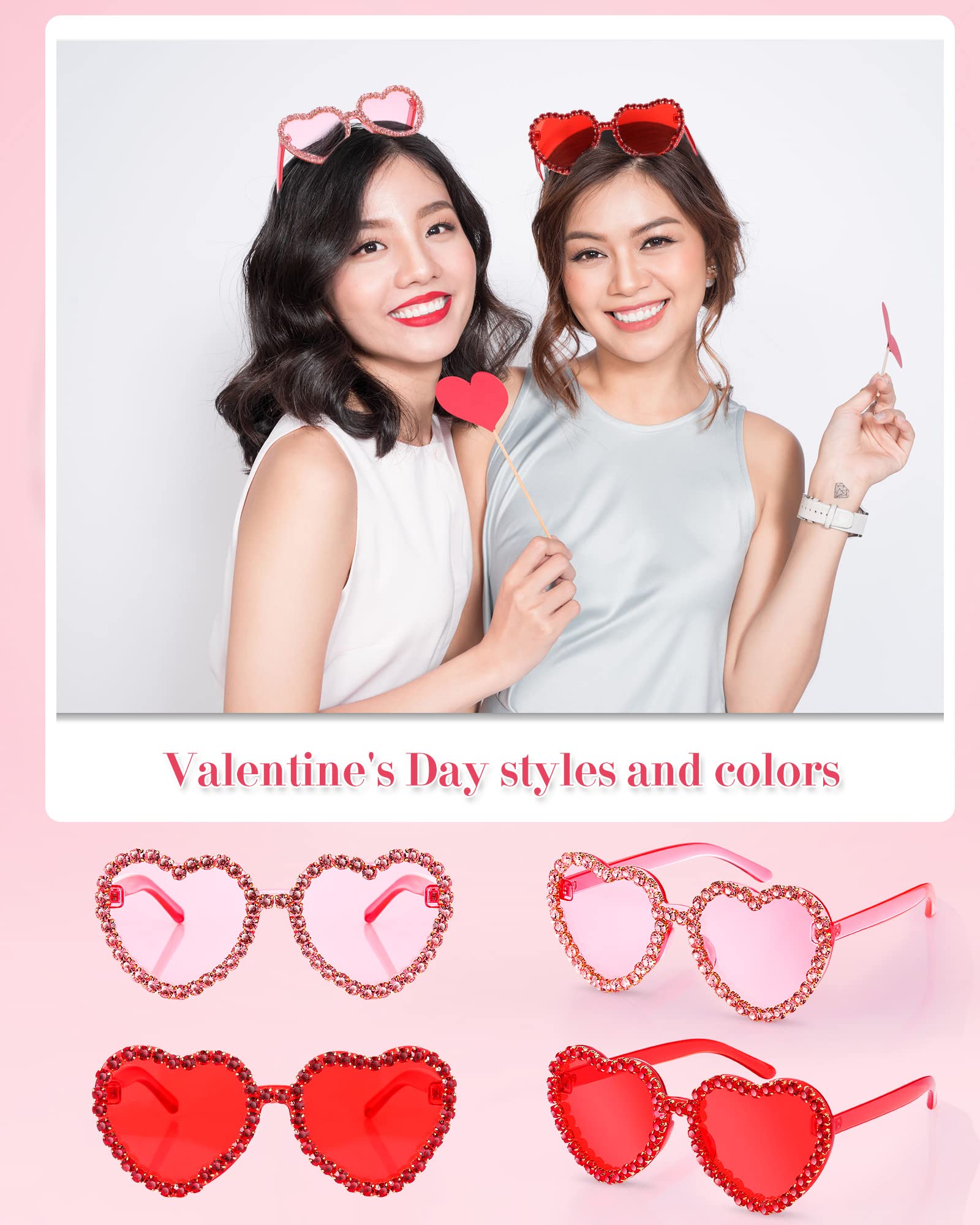 TOODOO 2 Pairs Rhinestone Heart Sunglasses Heart Shape Rimless Sunglasses for Women Transparent Heart Glasses (Pink, Red)