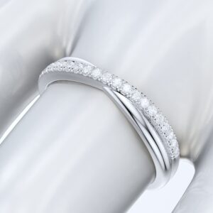 PRSTANI 10K White Gold Fancy Criss Cross Simulated Diamond Pave Ring Wedding Band Half Eternity (8.5)