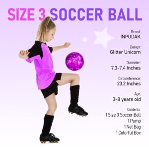 INPODAK Size 3 Soccer Ball for Kids Glitter Unicorn Toys Gift for Girls Sports Indoor Outdoor Play Ball for Toddles 3 4 5 6 7 8 Years Old with Pump Mesh Net and Colorful Box