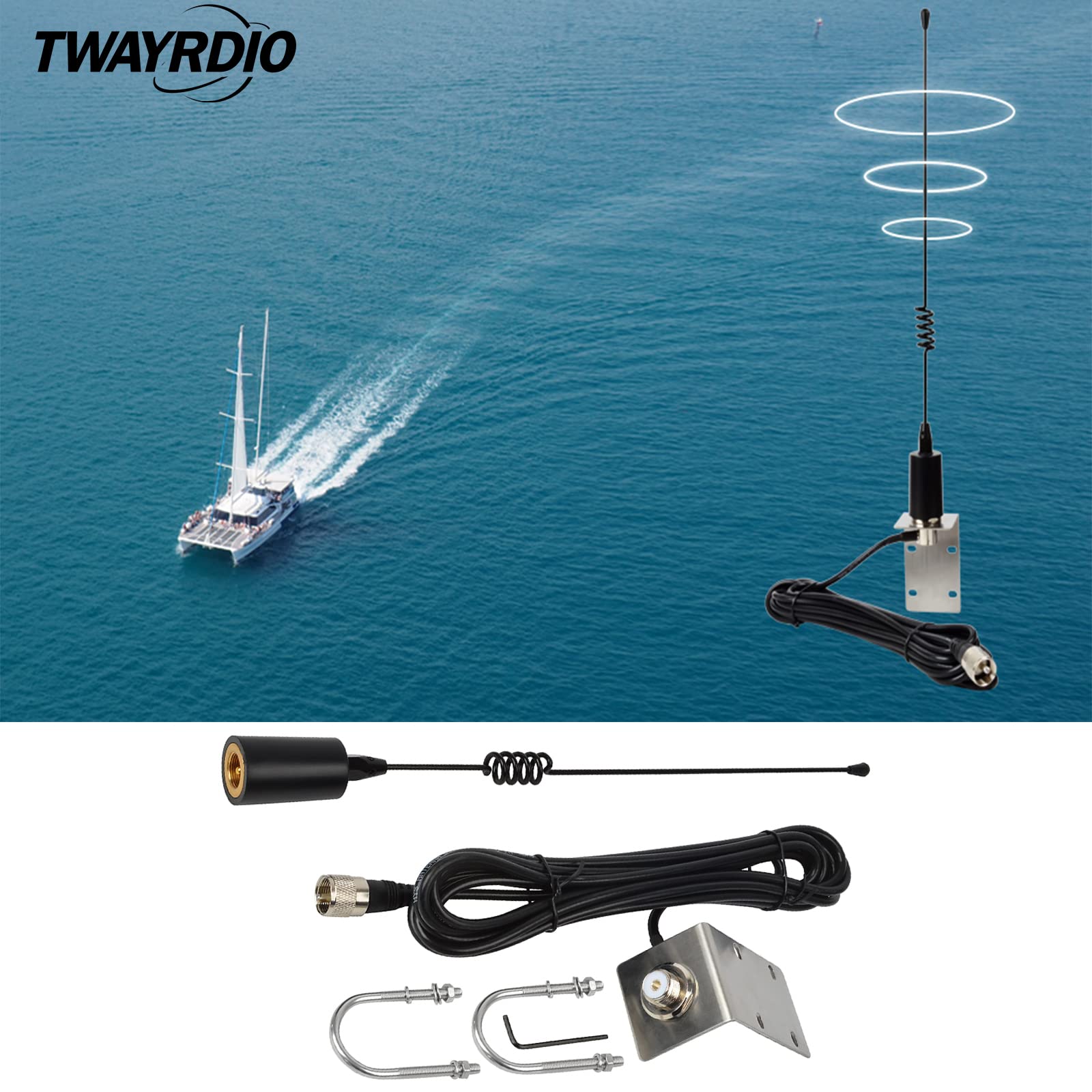 TWAYRDIO VHF Marine Antenna, 156-163MHz 50W Boat Radios Antennas with 16.4ft Coaxial Cable (SO239 to PL259 Connector)，L-Shape Mounting Bracket and U-bolt for Midland Uniden Cobra Icom Marine Radio