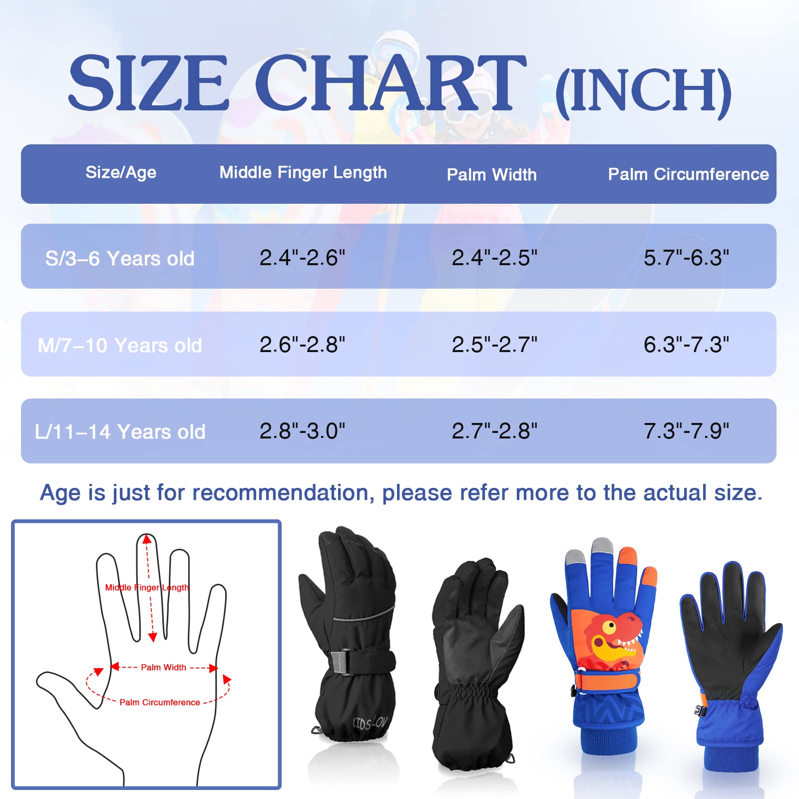 Kids Winter Gloves Waterproof Girls Boys Ski Gloves Warm Snow Gloves Toddler Finger Gloves Mittens Navy Dinosaur S