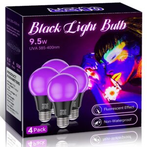 pizhlo 4 pack 9.5w led black light bulb, a19 e26 black shell blacklight led bulb, 385-400nm, glow in the dark for blacklight party, body paint, fluorescent poster, halloween, valentine's day