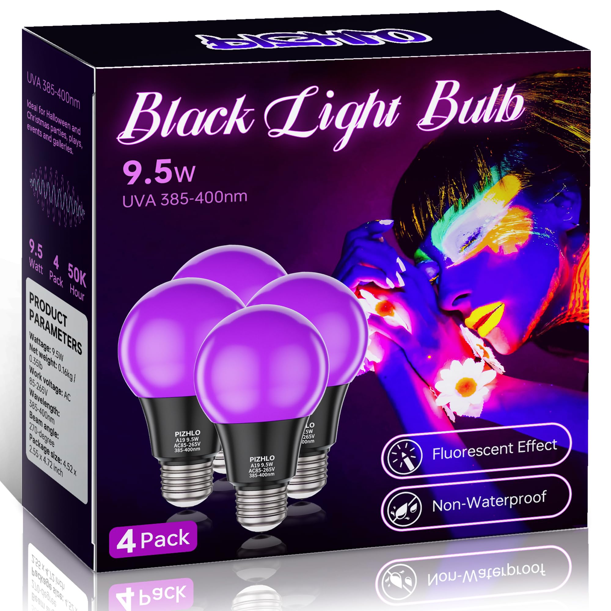 PIZHLO 4 Pack 9.5W LED Black Light Bulb, A19 E26 Black Shell Blacklight LED Bulb, 385-400nm, Glow in The Dark for Blacklight Party, Body Paint, Fluorescent Poster, Halloween, Valentine's Day