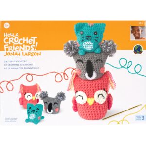 boye jonah's hands cute critters beginners crochet kit for kids and adults, makes 3 animals, multicolor 10 piece, small