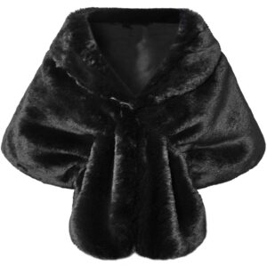 XMLMRY Faux Fur Shawl Women's Wrap Stole Shrug Luxury Winter Wedding Evening Party Bridal Bridesmaid Cover Up (Black, Lengthen)