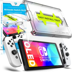 power theory designed for nintendo switch oled 7" screen protector tempered glass [9h hardness], easy install kit, 99% hd bubble free clear, case friendly, anti-scratch, 2 pack