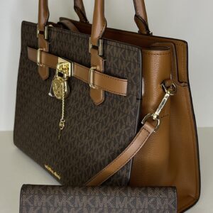 MICHAEL Michael Kors Hamilton MD Satchel bundled with Trifold Wallet and Purse Hook (Signature MK Brown)