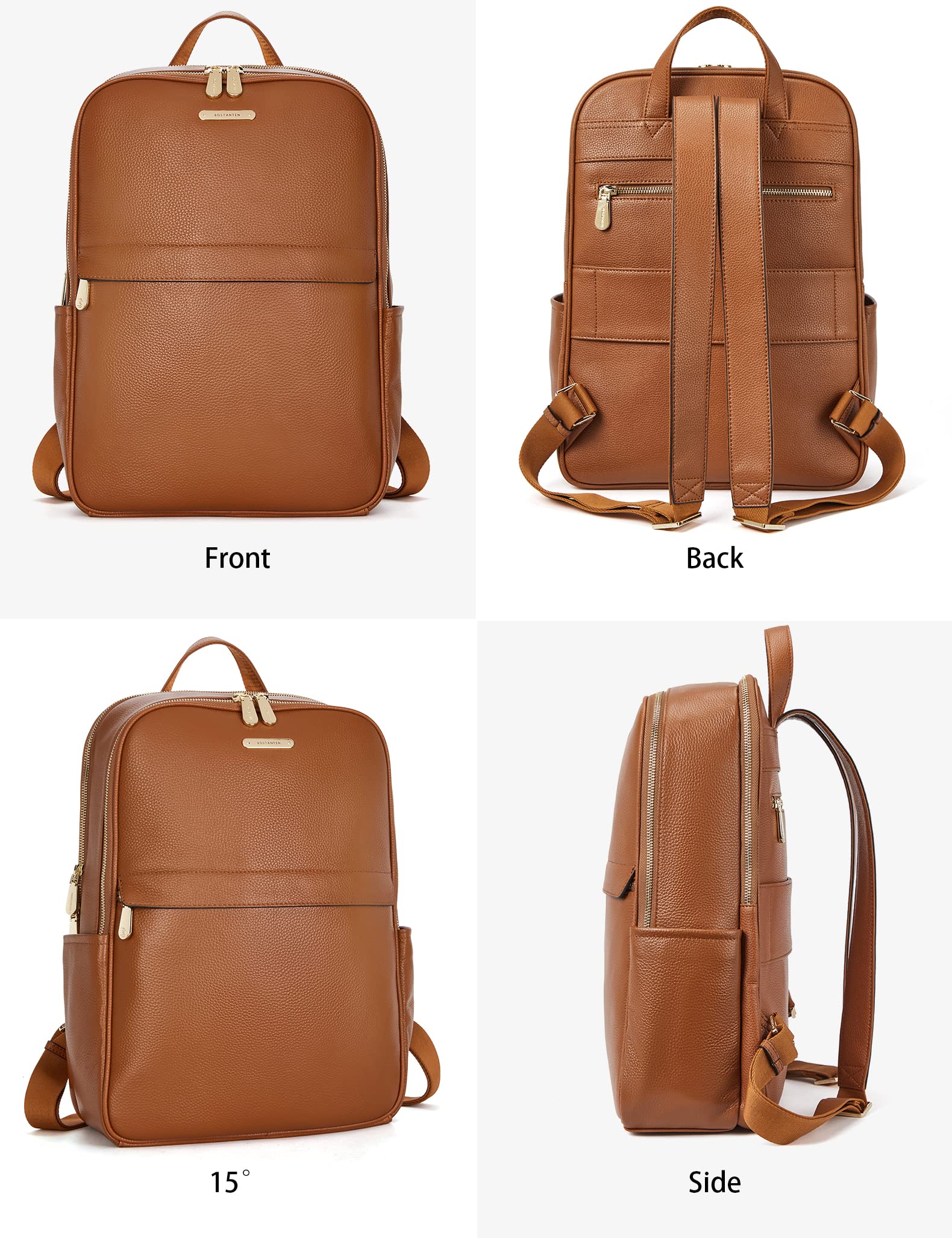 BOSTANTEN Genuine Leather 15.6 inch Laptop Backpack Purse for Women College Casual Backpack Travel Bag Daypack Brown