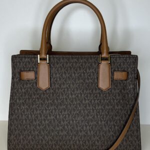 MICHAEL Michael Kors Hamilton MD Satchel bundled with Trifold Wallet and Purse Hook (Signature MK Brown)