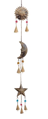 Mie Creations Sun Moon Star Face Wall Hanging Décor Chime Bells | Metal Cutouts Ornaments, Crescent Moon Phases Garland Art | Celestial, Earthy Decorations | Wicca Pagan Christmas Décor -Antique Gold