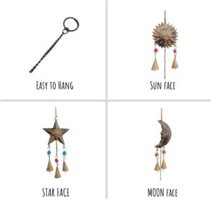 Mie Creations Sun Moon Star Face Wall Hanging Décor Chime Bells | Metal Cutouts Ornaments, Crescent Moon Phases Garland Art | Celestial, Earthy Decorations | Wicca Pagan Christmas Décor -Antique Gold