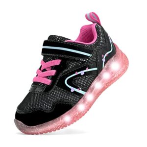 skywheel black hook and loop toddler shoes size 11 girls light up breathable led tennis little kids sneakers (black size 11)