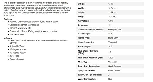 Greenworks 1500 PSI 1.2 GPM Pressure Washer (Upright Hand-Carry) PWMA Certified