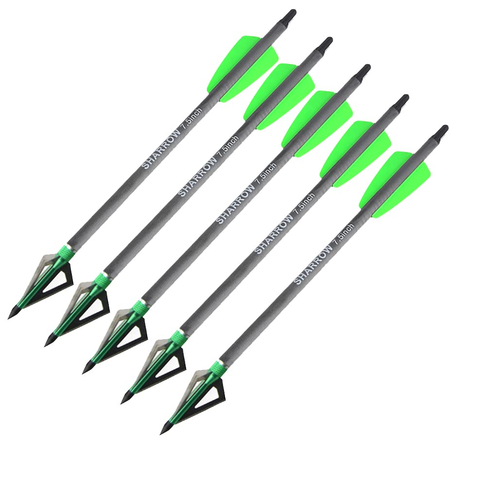 ZSHJGJR 7.5" Crossbow Bolts Carbon Arrows with 2 inch Green Vanes and 100 Grain Removable Tips for Outdoor Hunting Bow Shooting Practice 6/12 Pack (6pcs arrows + 6pcs broadheads)