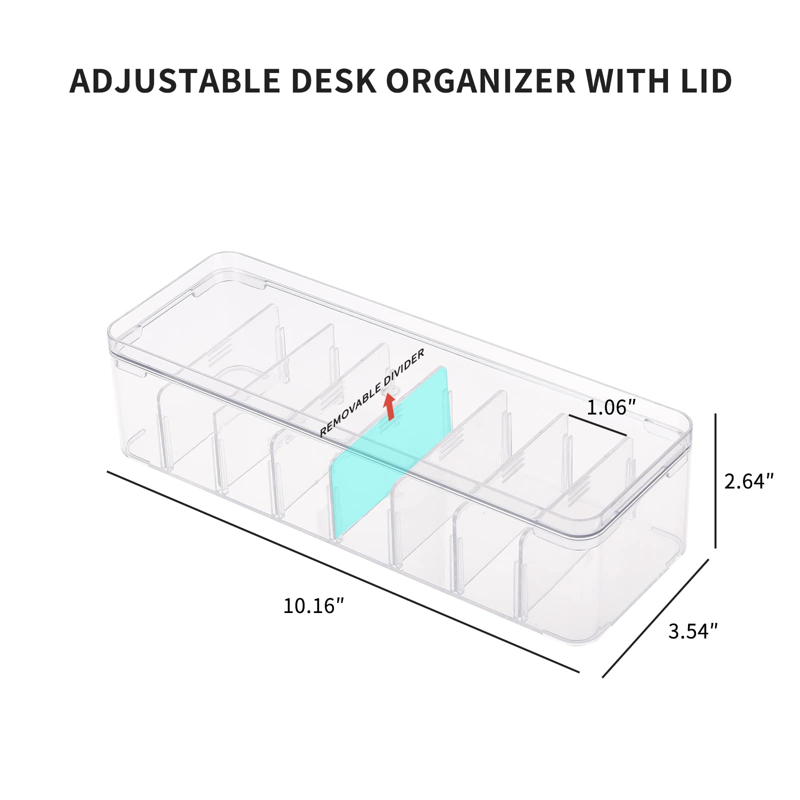 Yesesion Clear Plastic Cable Organizer Box with Adjustment Compartments, Desk Accessories Storage Case with Lid and 10 Wire Ties for Drawer, Office, Art Supply, Electronic Management