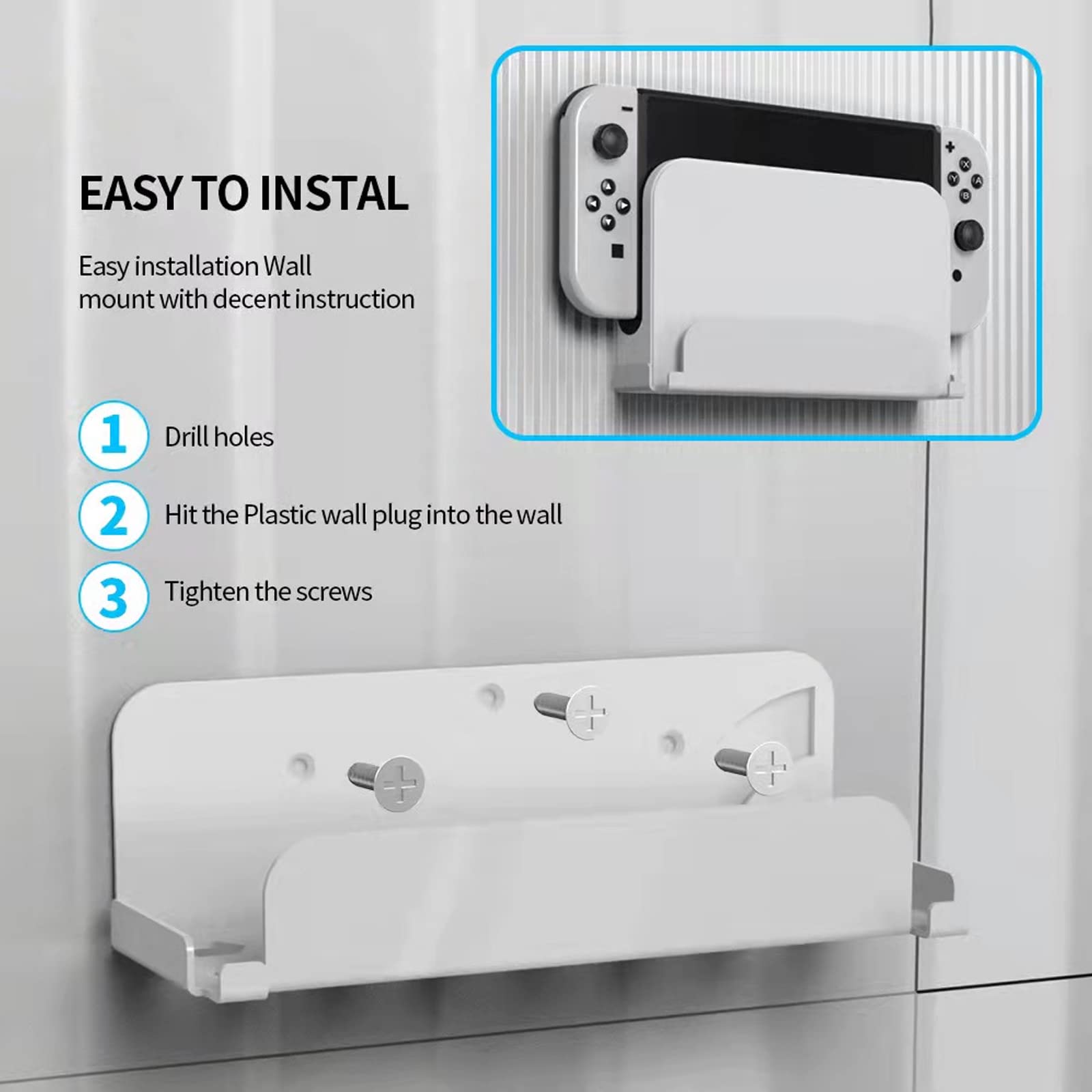 ECHZOVE Wall Mount for Nintendo Switch and Switch OLED, Metal Wall Mount Kit Shelf Stand Accessories with Joy Con Hanger,Safely Store Switch OLED Console Behind or Near TV, White