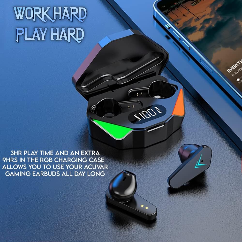 Acuvar Fully Wireless Bluetooth 5.2 Rechargeable Waterproof Sweatproof Gaming Earbud Headphones with Microphone, RGB LED 12h USB C Power Charging Case Low Latency Surround Stereo Bass Noise Cancelling