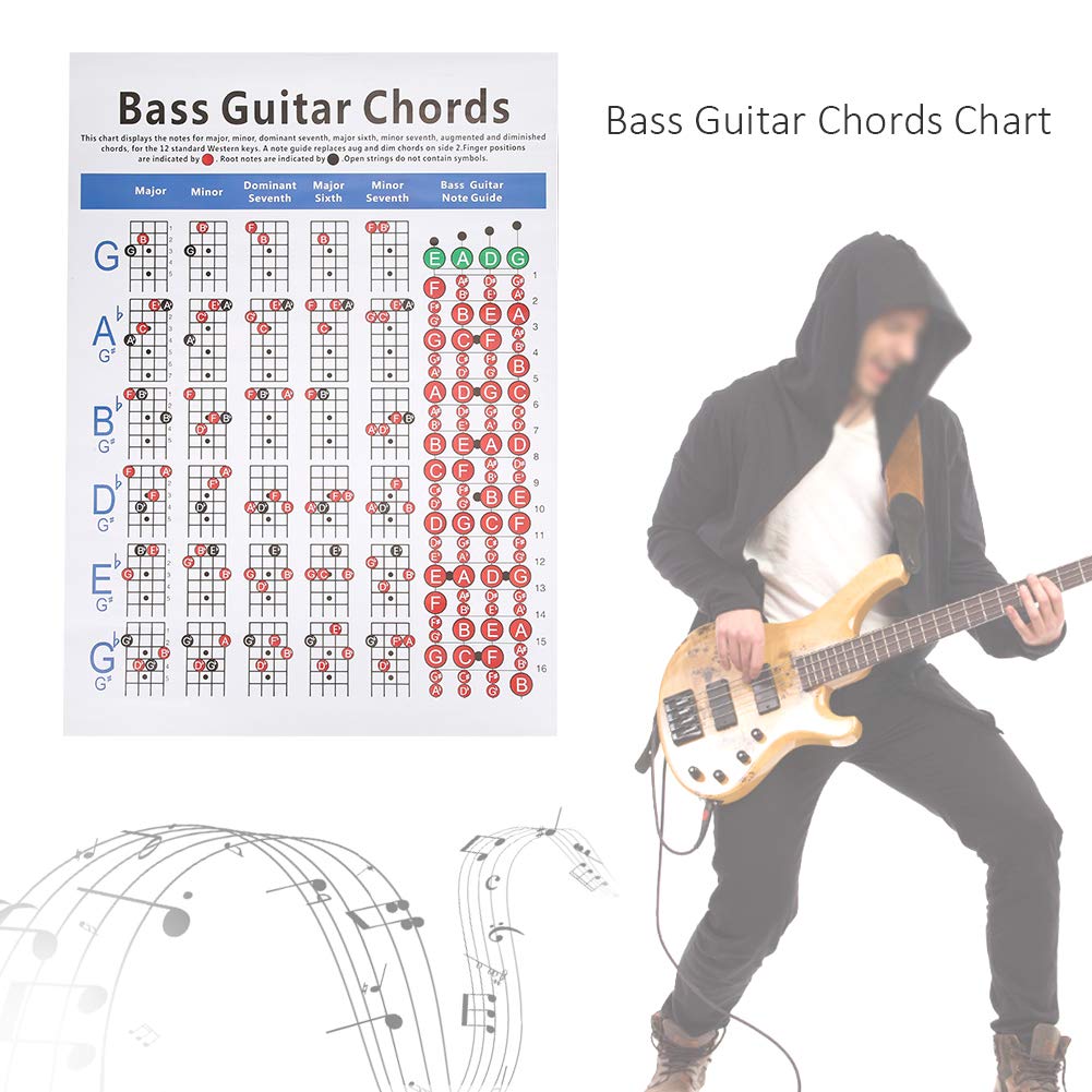 Bass Guitar Chords Chart, 4-String Bass Note Chart of Scale Chords for Beginners and Teachers Wear-Resistant Bass Reference Poster Bass Guitar Chords Poster