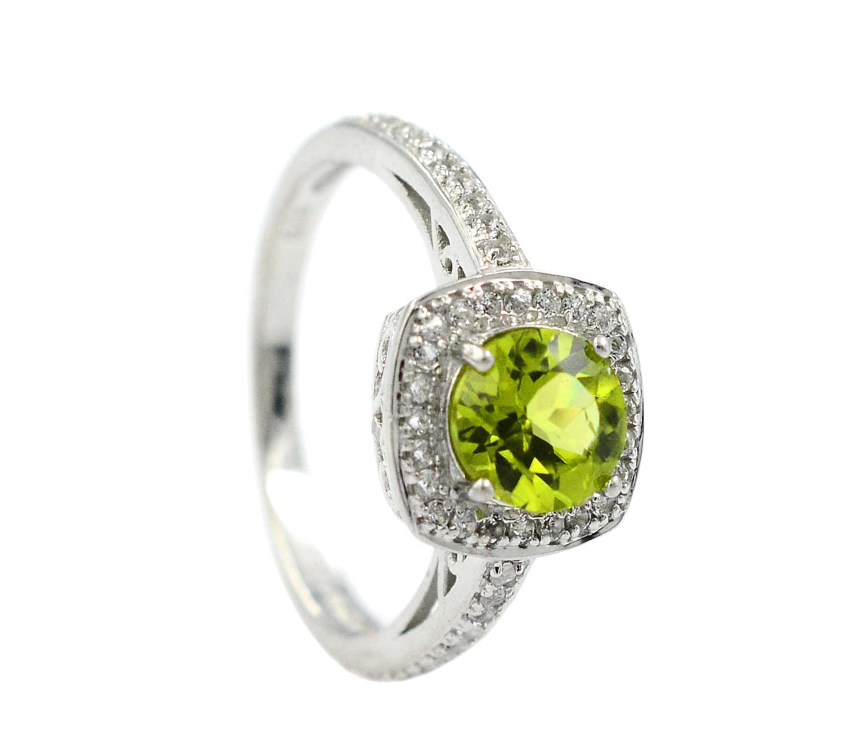 Natural Yellow Peridot 7 MM Round Cut August Birthstone Gemstone 925 Sterling Silver Solitaire Unisex Proposal Ring For Wedding Gift (Rhodium Plated Silver, 6.5)