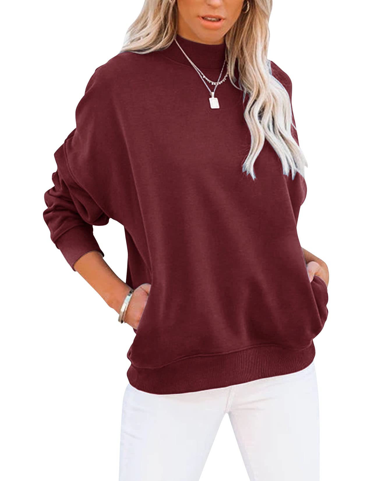 Orchidays Women's Mock turtleneck Long Sleeves Sweatshirts Casual Basic Lightweight Top Loose Fit Rib Pocketed Pullover (Wine Red, XX-Large)