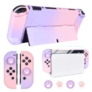 DLseego Protective Case Design for Nintendo Switch OLED Joy-Con Controllers New Model 2021 with Glass Screen Protector and 4 Cute Thumb Grip Caps, Anti-Scratch Touch Grip Cover – Pink & Purple