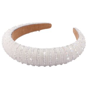 Wecoe White Headband Rhinestone Headband Women Fashion Fancy Bling Sparkle Crystal Beaded Headband Diamond Padded Headband Cute Hair Bands Birthday Wedding Holiday Hair Accessories For Women Girls