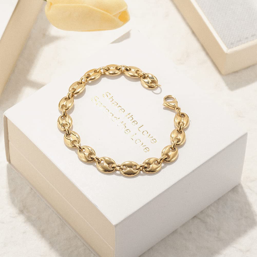 WISTIC Coffee Bean Bracelets Stacked Link for Women Adjustable Gold Plated Stainless Steel Link Charm Chain for Men and Adults Fashion Gift