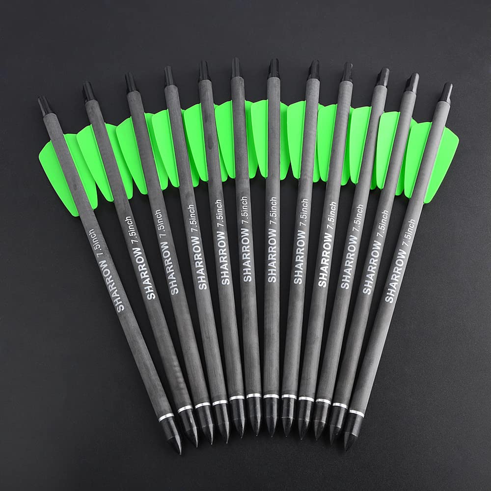 ZSHJGJR 7.5" Crossbow Bolts Carbon Arrows with 2 inch Green Vanes and 100 Grain Removable Tips for Outdoor Hunting Bow Shooting Practice 6/12 Pack (6pcs arrows + 6pcs broadheads)