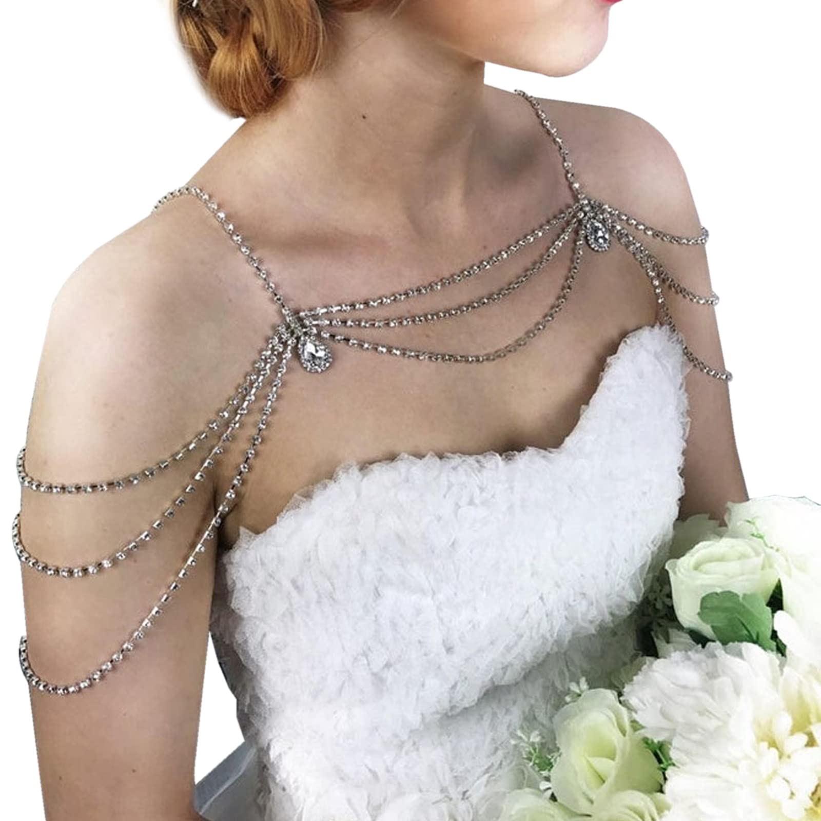 Rhinestone Shoulder Chain Necklace Multilayer Bridal Shoulder Chain Statement Wedding Body Jewelry Rhinestone Underwear Bra Chain for Women(Silver 3)