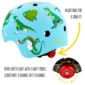 Hornit Mini Lids Kids Helmet. Fully-Adjustable Multi-Sport Hard Shell Helmet with Rear Safety Light, Medium, Jurassic