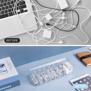 Yesesion Clear Plastic Cable Organizer Box with Adjustment Compartments, Desk Accessories Storage Case with Lid and 10 Wire Ties for Drawer, Office, Art Supply, Electronic Management