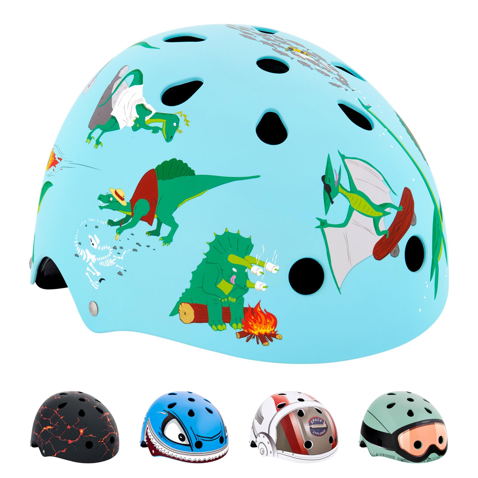 Hornit Mini Lids Kids Helmet. Fully-Adjustable Multi-Sport Hard Shell Helmet with Rear Safety Light, Medium, Jurassic