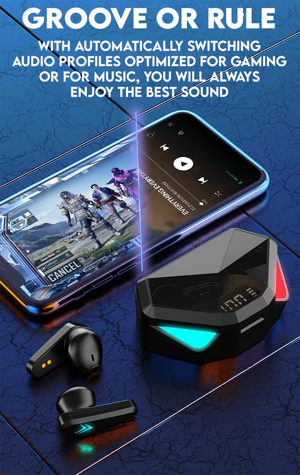 Acuvar Fully Wireless Bluetooth 5.2 Rechargeable Waterproof Sweatproof Gaming Earbud Headphones with Microphone, RGB LED 12h USB C Power Charging Case Low Latency Surround Stereo Bass Noise Cancelling