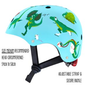 Hornit Mini Lids Kids Helmet. Fully-Adjustable Multi-Sport Hard Shell Helmet with Rear Safety Light, Medium, Jurassic