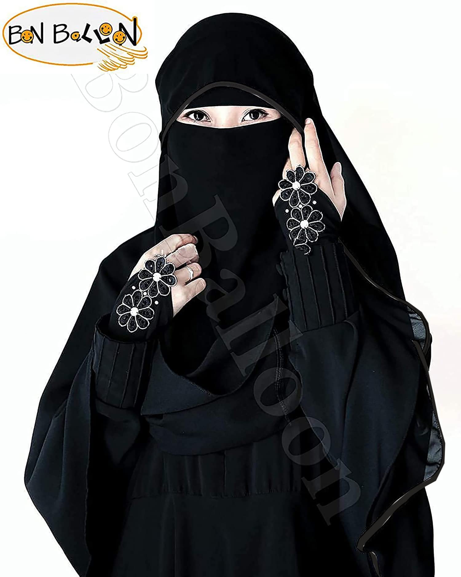 Chiffon Saudi First Class Quality Long Saudi Niqab burqa Hijab Face cover Veil Islam Islamic Jilbab (Black x Black Satin)