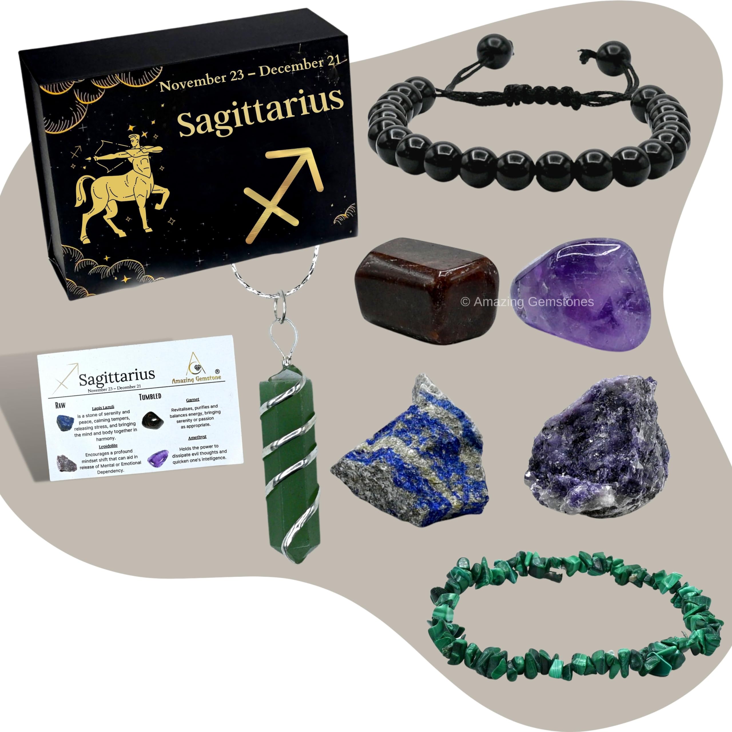 Amazing Gemstone Sagittarius Gifts Crystal Kit for Women Men, Combo Set of Healing Stones, Bracelets and Necklaces Pulseras Para Hombres Mujer Stocking Stuffers (Information Card Included)