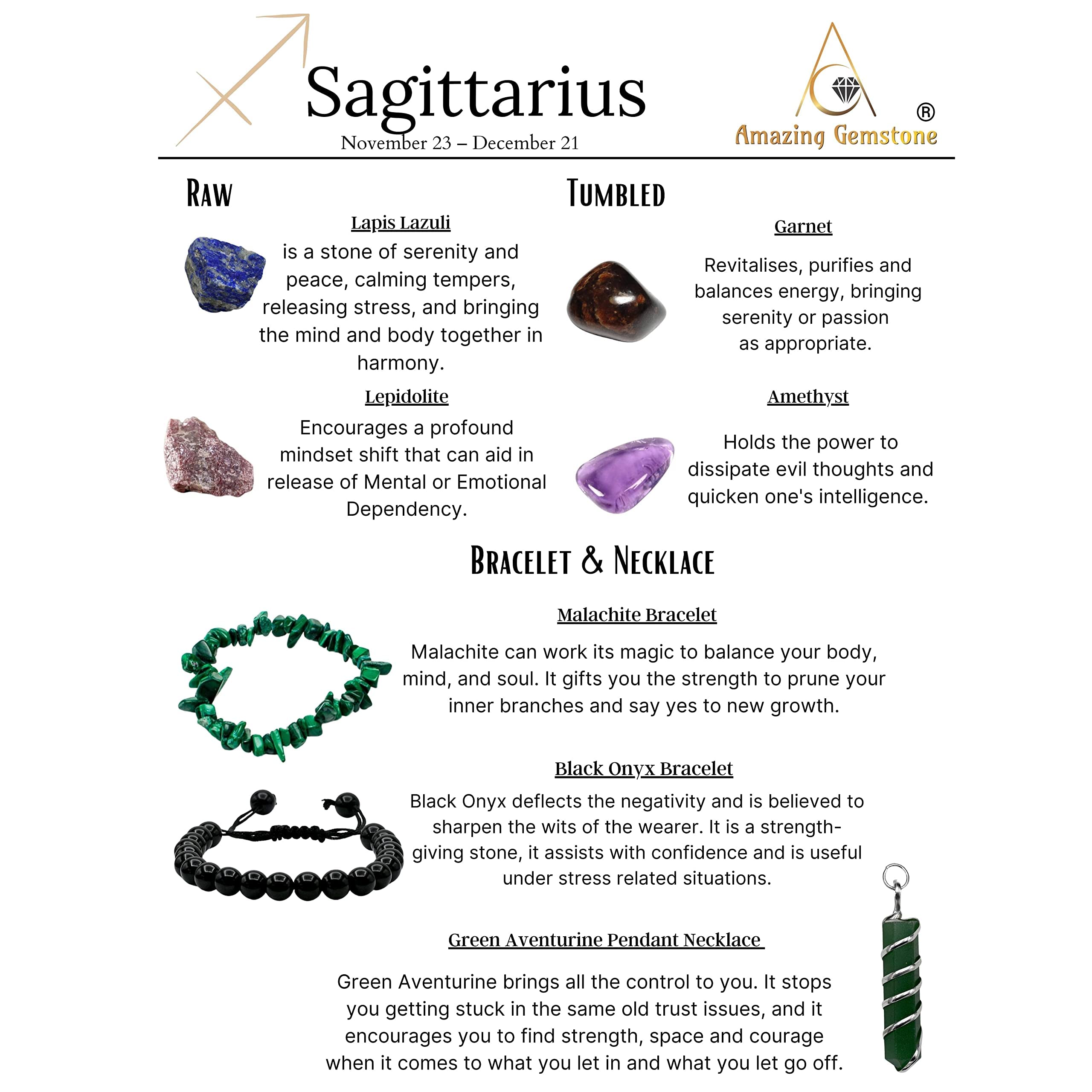 Amazing Gemstone Sagittarius Gifts Crystal Kit for Women Men, Combo Set of Healing Stones, Bracelets and Necklaces Pulseras Para Hombres Mujer Stocking Stuffers (Information Card Included)