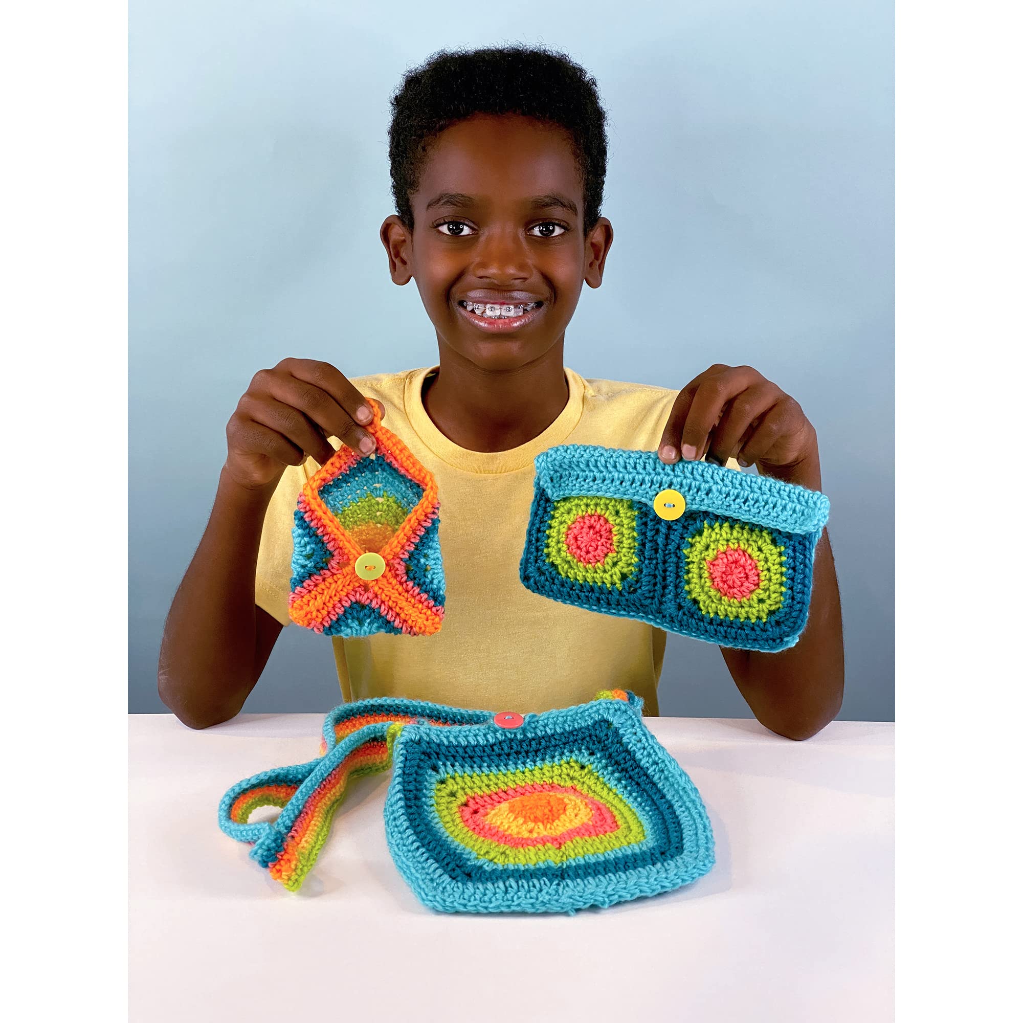 Boye Jonah's Hands Granny Square Accessories Beginners Crochet Kit for Kids and Adults, Makes 3 Projects, Multicolor 8 Piece