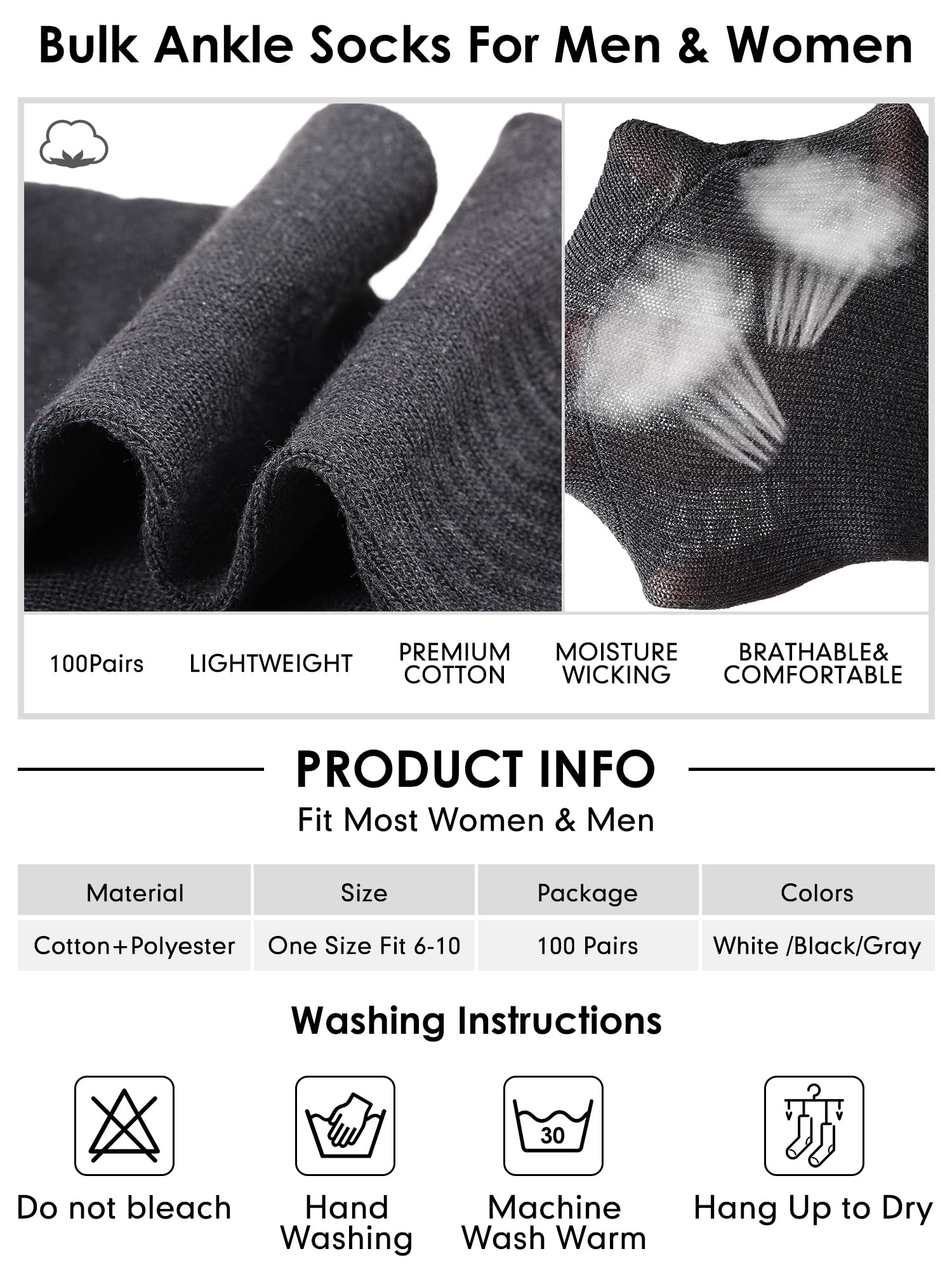 Tarpop 100 Pairs Mens Socks Bulk Moisture Wicking Socks Casual Sports Ankle Socks Bulk for Homeless Unisex Adult Men Women (Black, White, Gray)